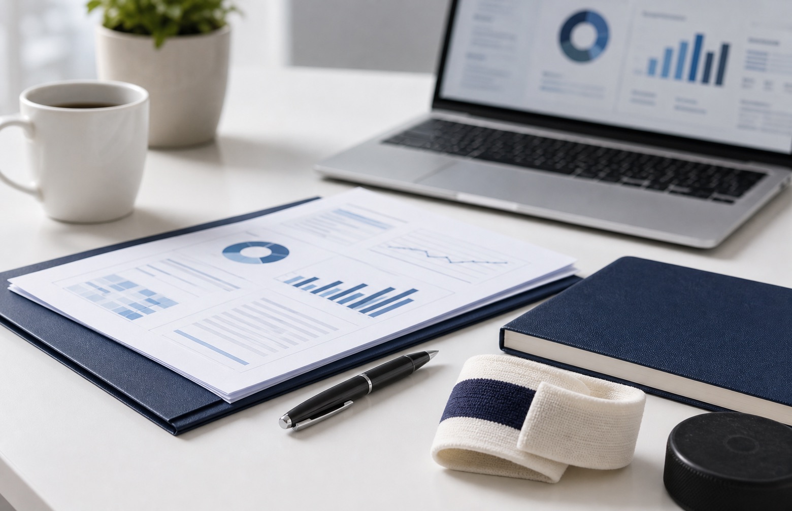 Abstract professional workspace with analytics reports, a laptop dashboard, and subtle hockey leadership objects.